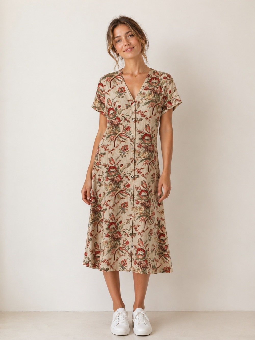 Vintage Talbots Linen Blend Floral Midi Dress Botanical Size 12 Y2K Cottagecore